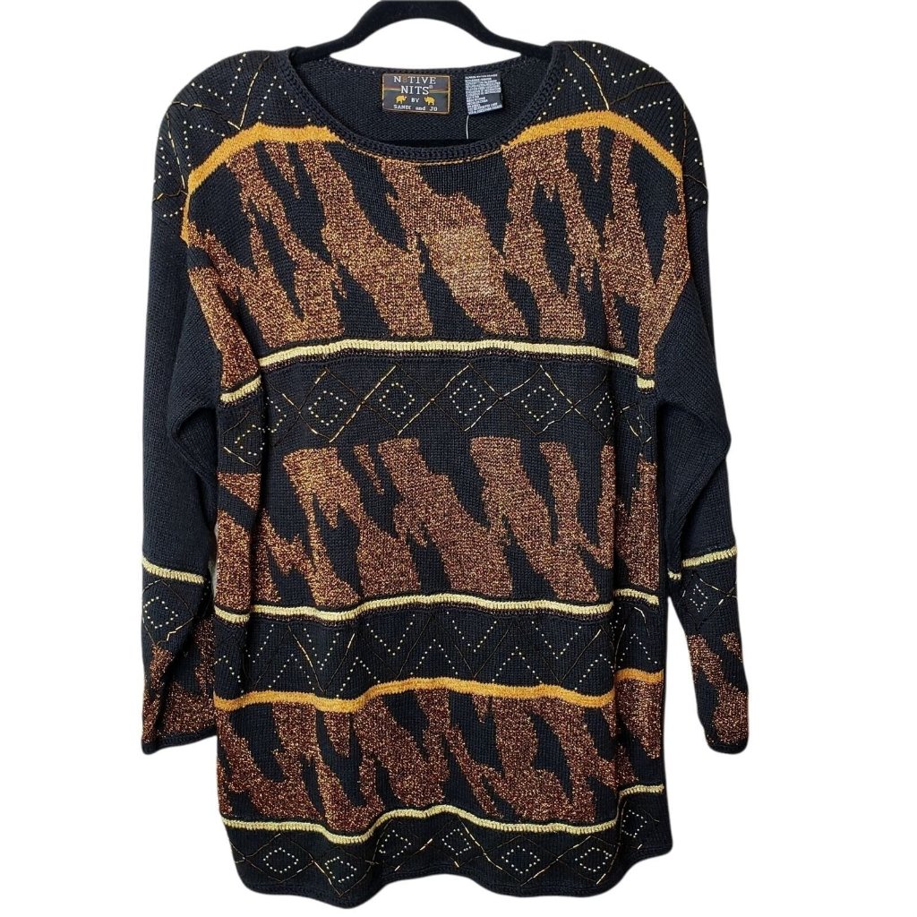 N8tive Nits Sandi And Jo Womens Black Bronze Beaded Pullover Sweater Size Xl